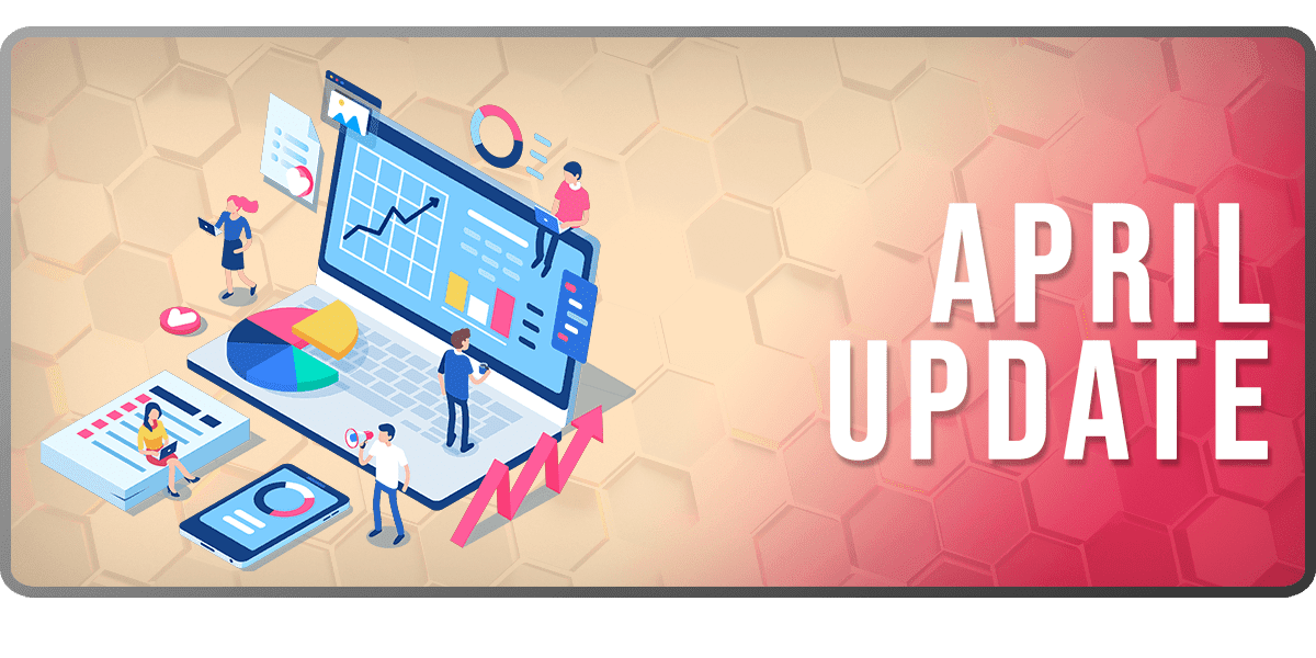 The Market Data April Update banner: an isometric illustration of figures working at an isometric dashboard of charts and graphs, beside the words APRIL UPDATE