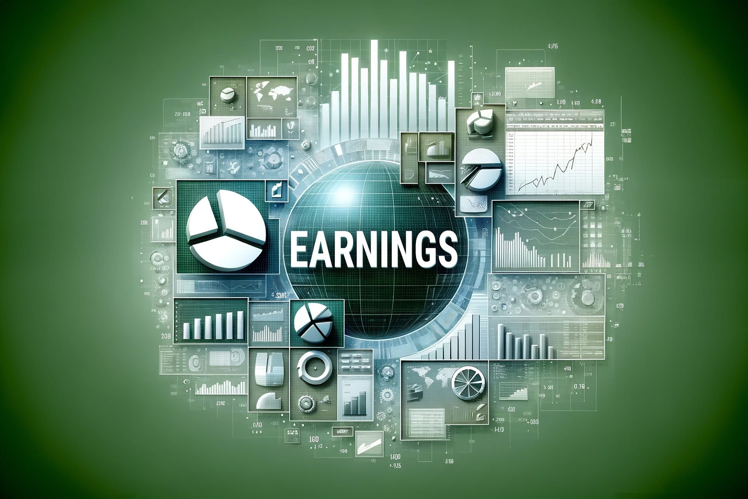 The word EARNINGS across a wireframe globe, ringed by bar charts, pie charts, line graphs and spreadsheet panels on a green background.