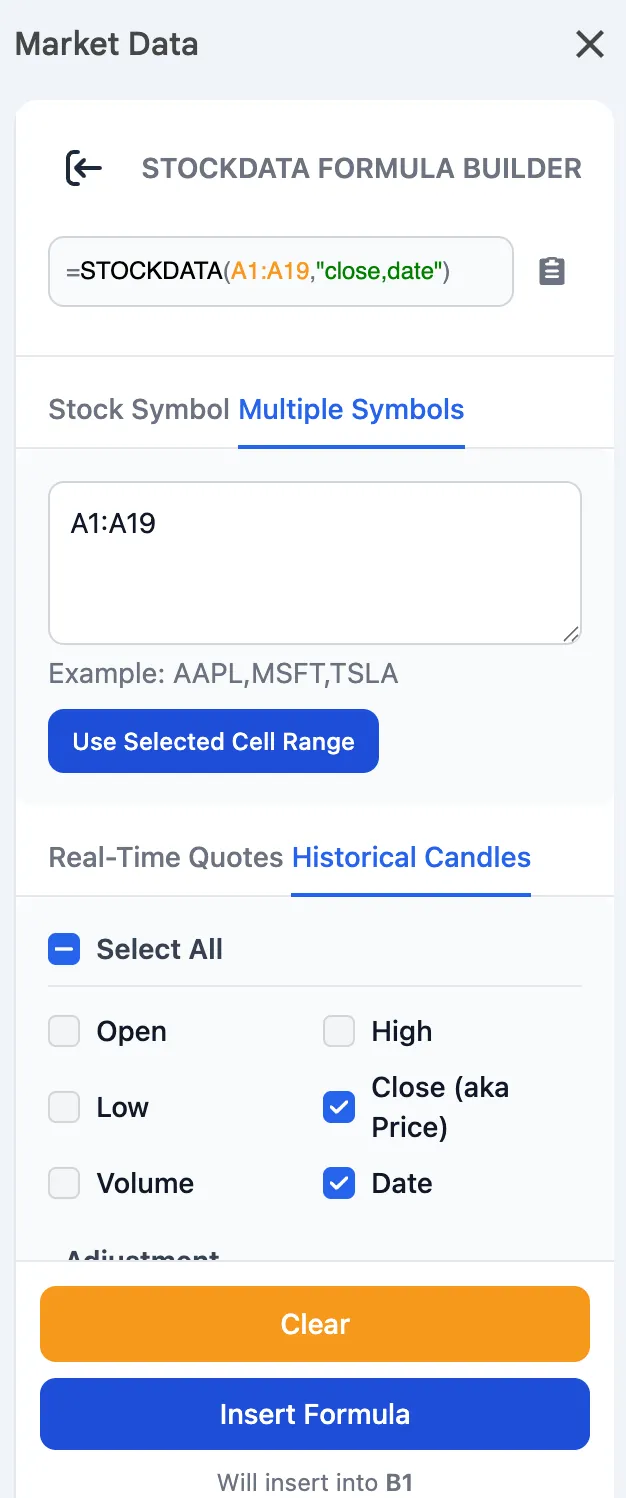 The Market Data sidebar in Google Sheets showing the STOCKDATA Formula Builder: a live preview reading =STOCKDATA(A1:A19,"close,date"), a Multiple Symbols field holding A1:A19, a Use Selected Cell Range button, Historical Candles selected with Close and Date ticked among the column checkboxes, and Clear and Insert Formula buttons at the foot
