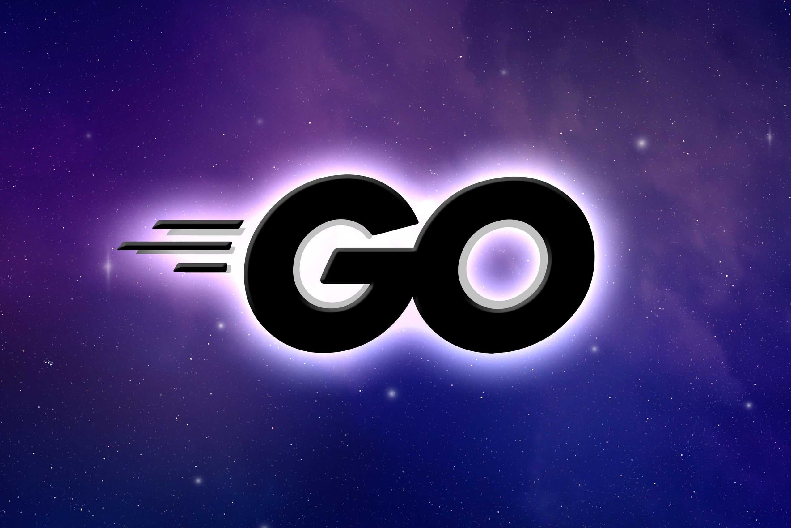 The Go language GO wordmark with trailing speed lines, glowing white against a purple starfield.