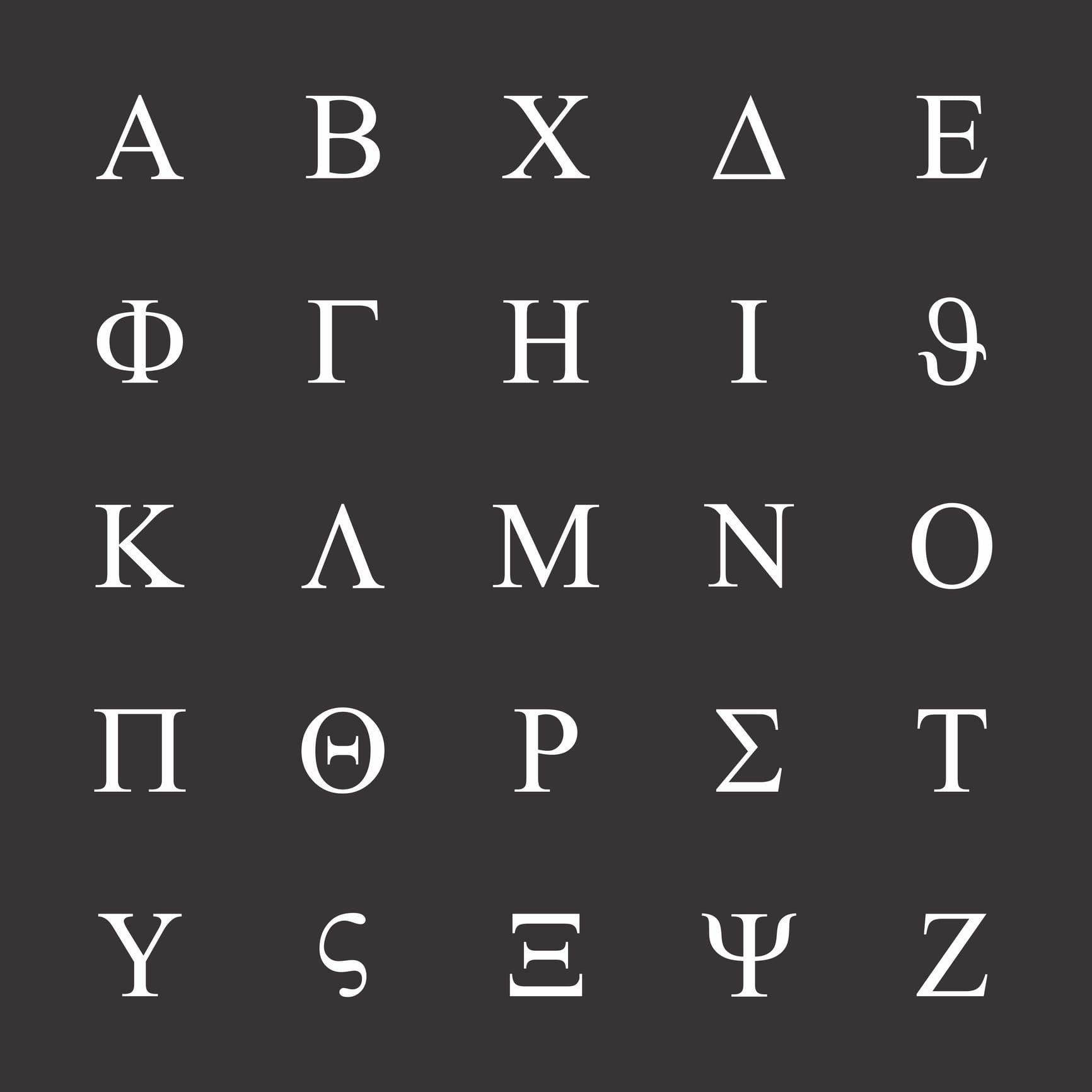 The Greek alphabet in white capitals on dark grey, five rows of five, delta and theta among them.