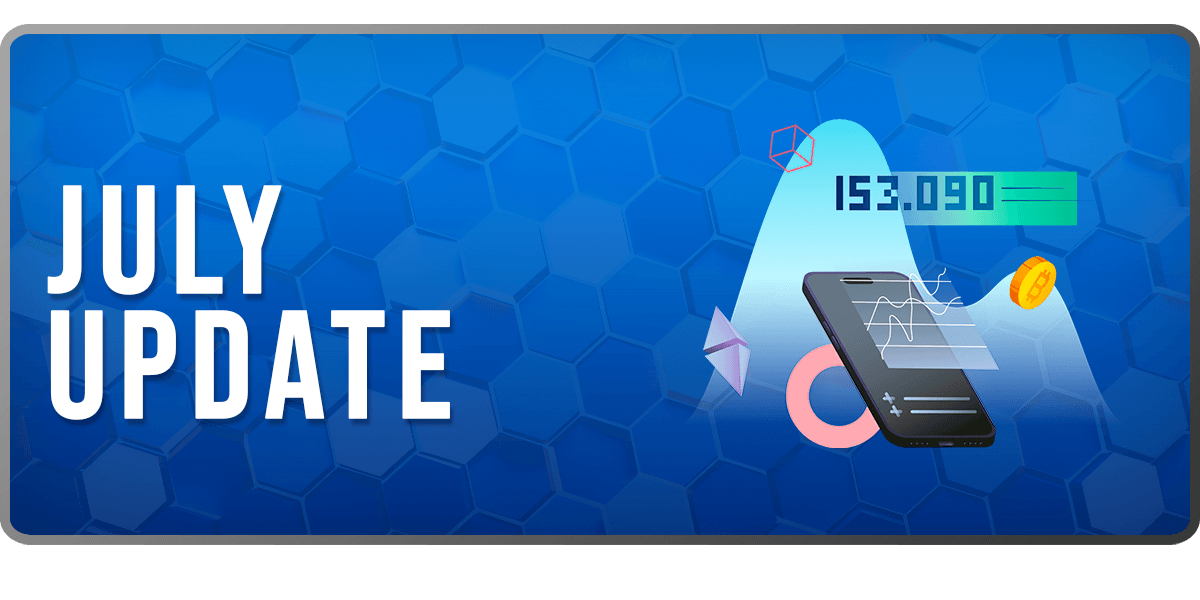 The Market Data July Update banner: an isometric illustration of a phone showing a price chart under a rising curve, a quote reading 153.090 and a gold coin, beside the words JULY UPDATE
