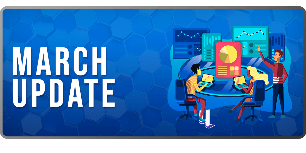 The Market Data March Update banner: an isometric illustration of three figures around a table with a large illuminated display, beside the words MARCH UPDATE