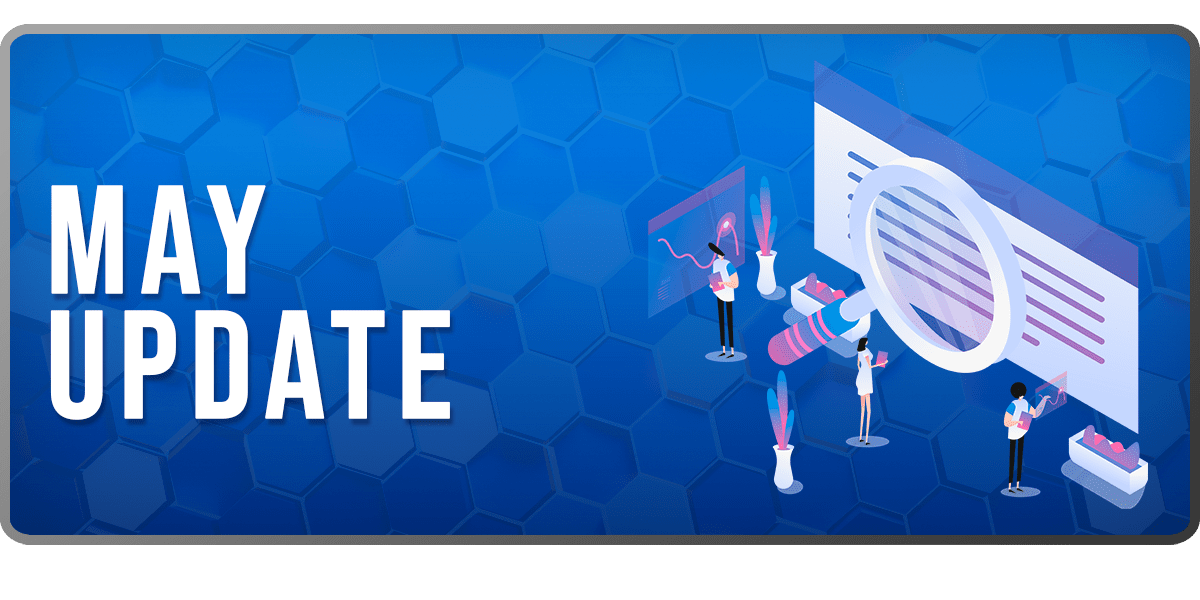 The Market Data May Update banner: an isometric illustration of three figures around a giant magnifying glass held over a document, beside the words MAY UPDATE