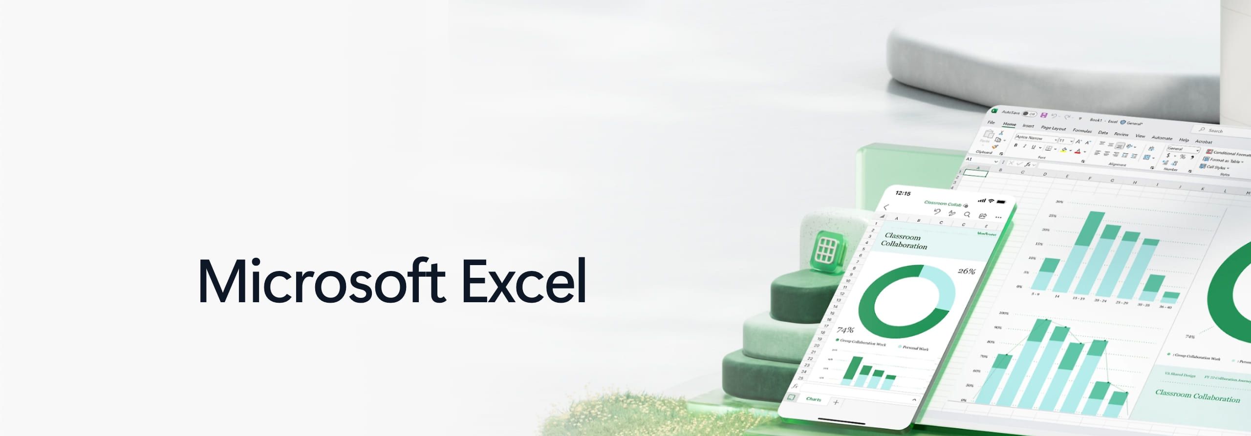 The Microsoft Excel wordmark beside a laptop and phone showing green bar and donut charts in an Excel workbook.