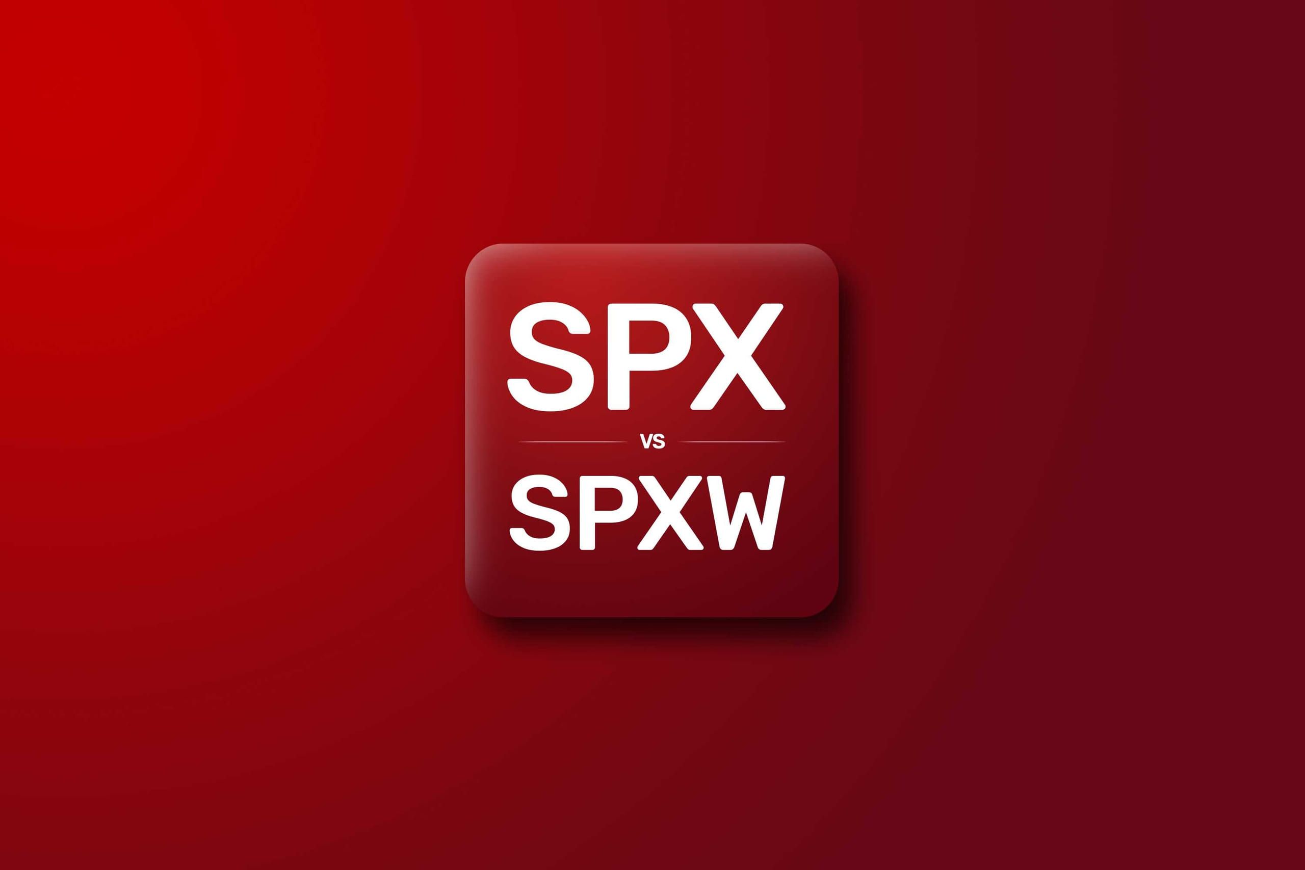 A dark red tile lettered SPX above SPXW, separated by the word vs, on a red gradient background.