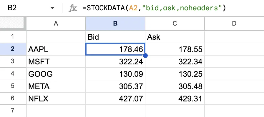 STOCKDATA real-time quotes using cell references with the header row disabled in the output