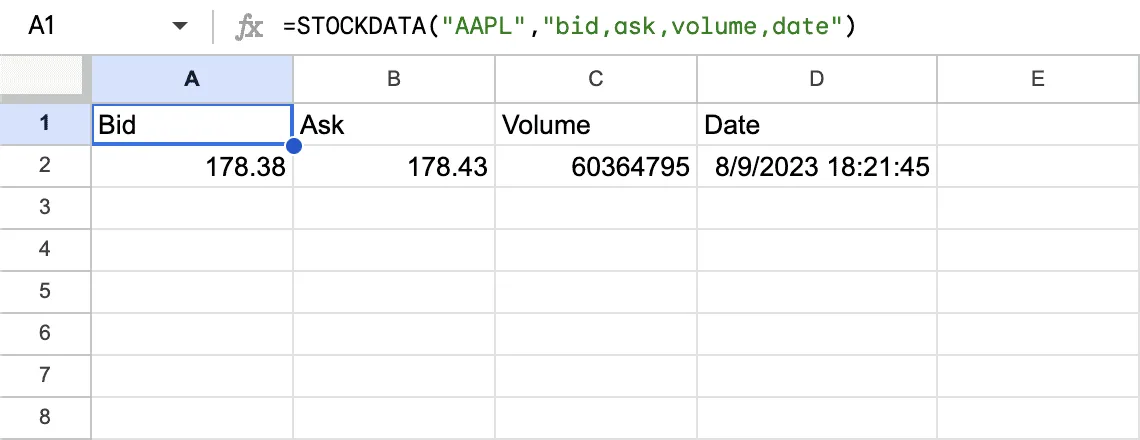 STOCKDATA real-time quote with a custom column configuration