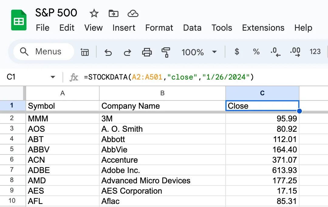 Google Sheets titled "S&P 500" with =STOCKDATA(A2:A501,"close","1/26/2024") in cell C1, filling a Close column beside Symbol and Company Name — 3M at 95.99, A. O. Smith 80.92, Abbott 112.01, AbbVie 164.40, Accenture 371.07 and on down the index
