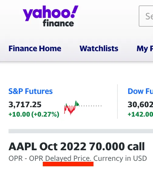 Yahoo Finance quote page for the AAPL Oct 2022 70.000 call, with the words "Delayed Price." underlined in red within the line "OPR - OPR Delayed Price. Currency in USD" beneath the contract name